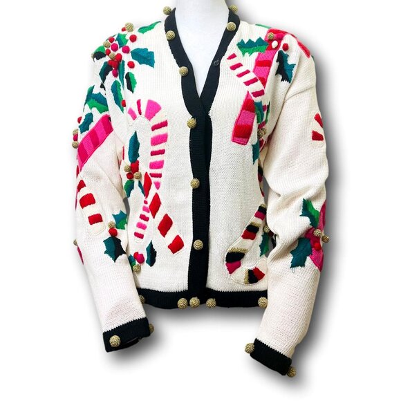 Rare Vintage Marisa Christina Candy Cane Knit Cardigan Ugly Christmas Sweater - Picture 5 of 17